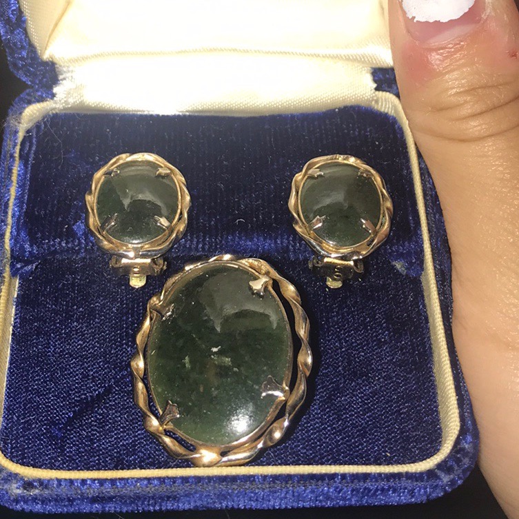 Vintage Emerald Diopside Stone Earrings Pin Set